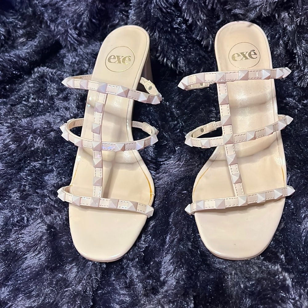 EXE BEIGE STUDED SLIP ON CHUNKY HEEL. Never worn
